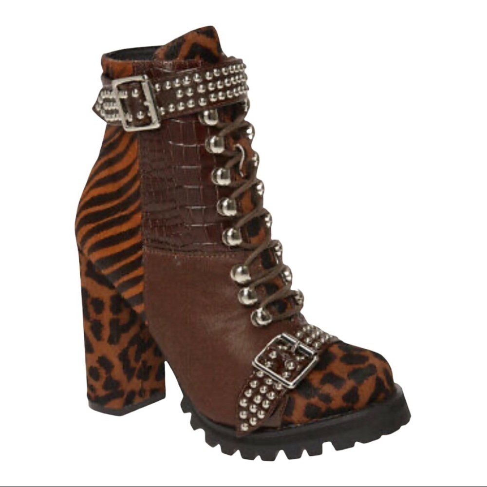 Jeffrey Campbell Lilith Animal Print Combat Lace Up Heeled Boots Sizeβ 8.5 Women